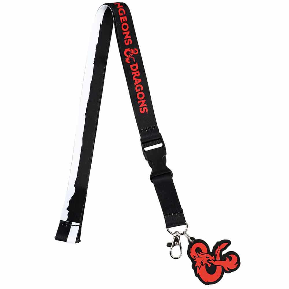 A black and white Dungeons & Dragons lanyard with a red dragon emblem. Brand: MTG PRO Shop, Item: Dungeons & Dragons Dark Alliance Lanyard.