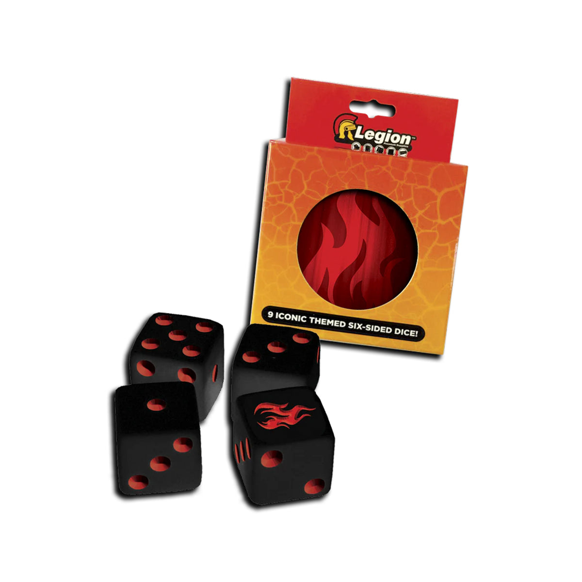 A black and red Iconic Fire D6 Dice Tin. Brand: Legion Supplies, Item: Iconic Fire D6 Dice Tin.