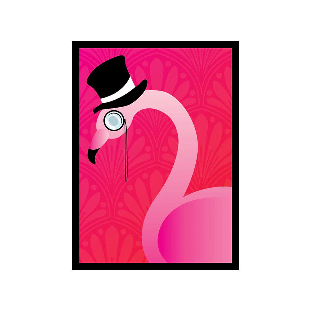 A pink flamingo with a top hat and monocle, on a pink art deco background. Legion Supplies Flamingo Sleeve.