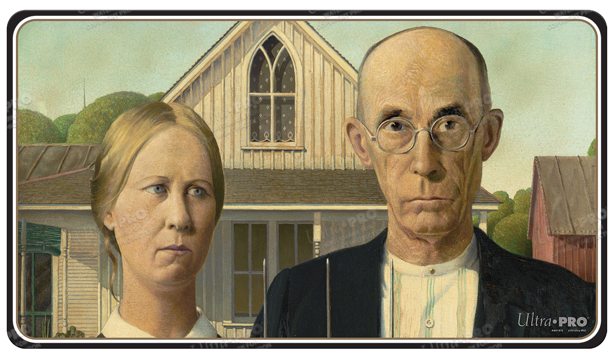 A Fine Art Standard Gaming Playmat Mousepad featuring Grant Wood's American Gothic painting. Brand: Ultra PRO, Item: Fine Art American Gothic Standard Gaming Playmat Mousepad by Grant Wood.
