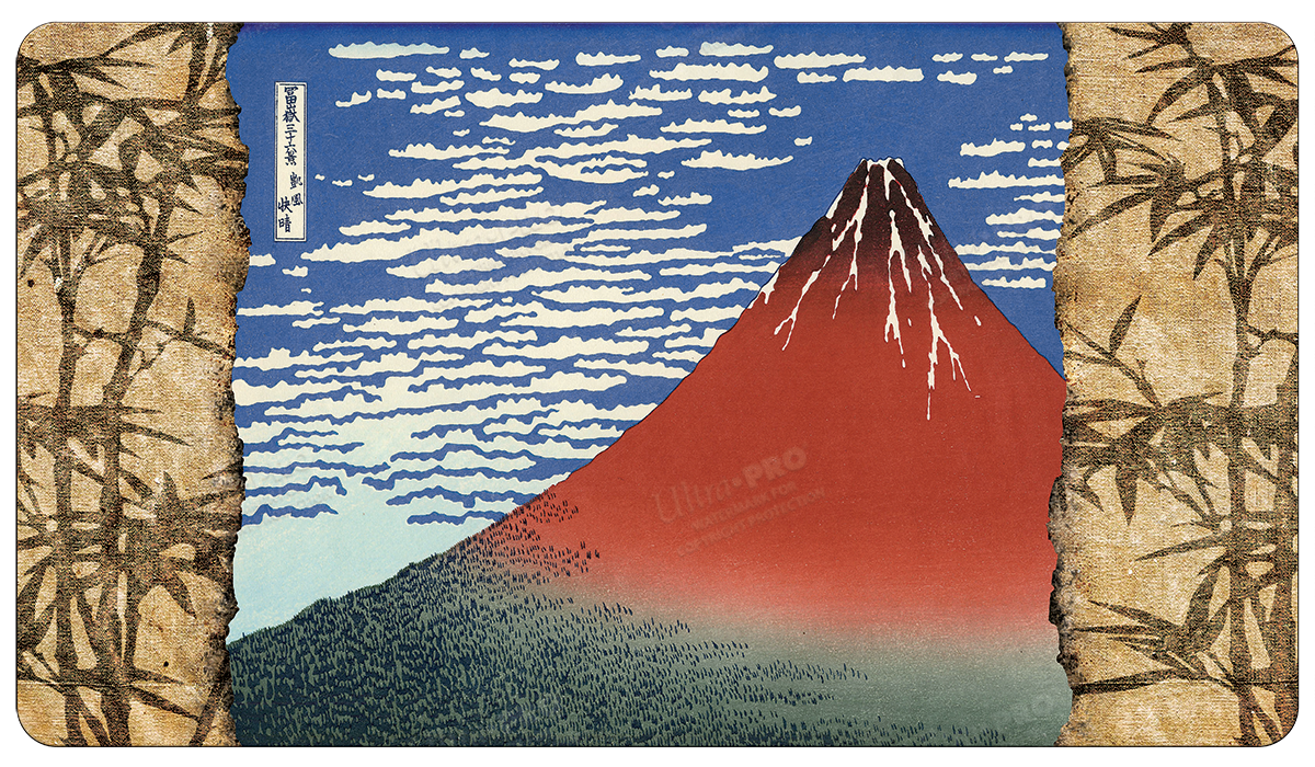 A Japanese woodblock print style Red Fuji Standard Gaming Playmat Mousepad. Brand: Ultra PRO, Item: Fine Art Red Fuji Standard Gaming Playmat Mousepad by Hokusai.