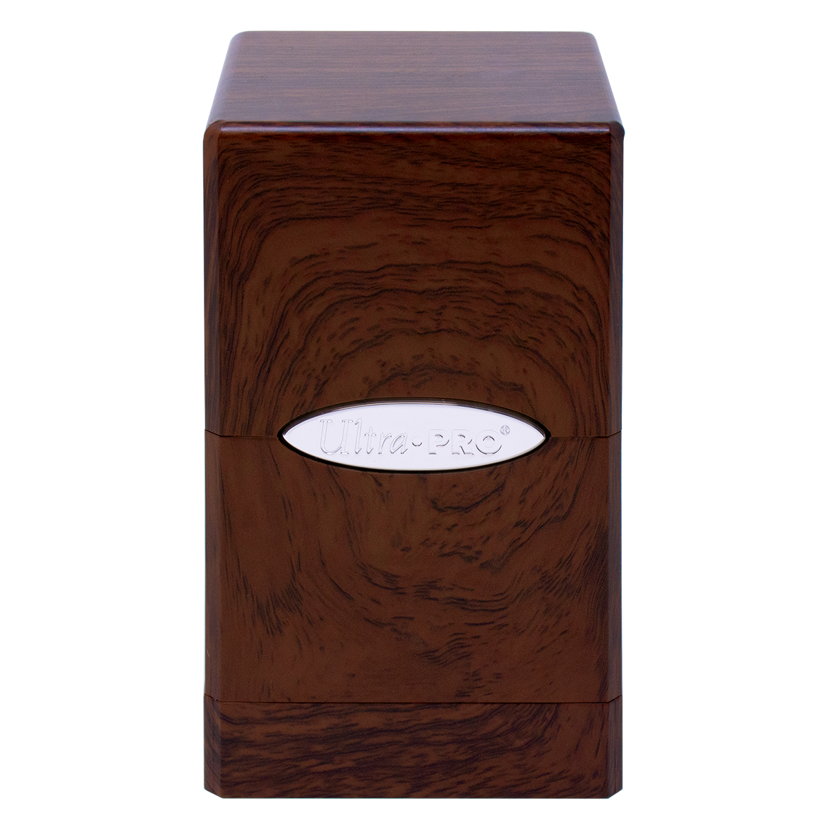 A brown wood-grain textured deck box. Brand: Ultra-PRO, Item: Forest Oak SATIN® Tower DECK BOX®.