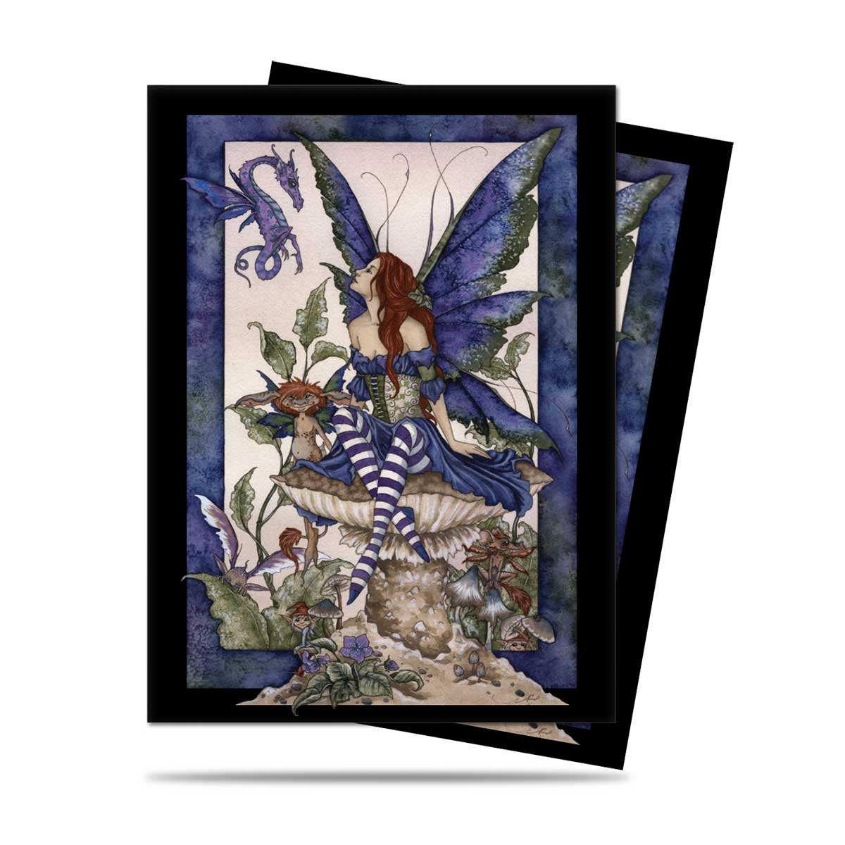 A purple and blue fairy with large wings sitting on a mushroom, with a small dragon above her. Ultra PRO Bottom of the Garden Standard DECK PROTECTOR® Sleeves (100ct) by Amy Brown.
