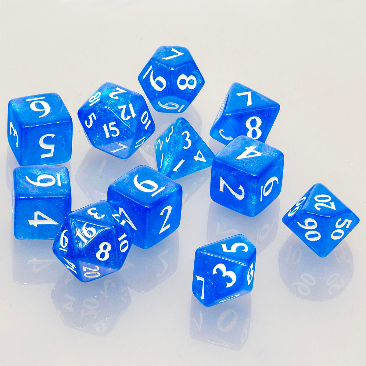 A blue acrylic RPG dice set with white numbers. Brand: Ultra PRO, Item: ECLIPSE® Acrylic RPG Dice Set (11ct) - Pacific Blue