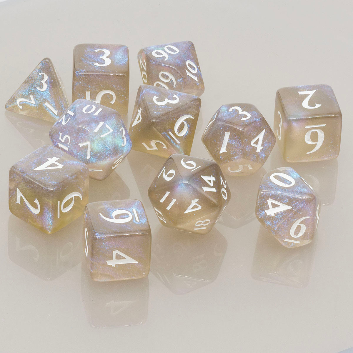 A Smoke Grey Acrylic RPG Dice Set (11ct) with iridescent shimmer. Brand: Ultra PRO, Item: ECLIPSE® Acrylic RPG Dice Set (11ct) - Smoke Grey.
