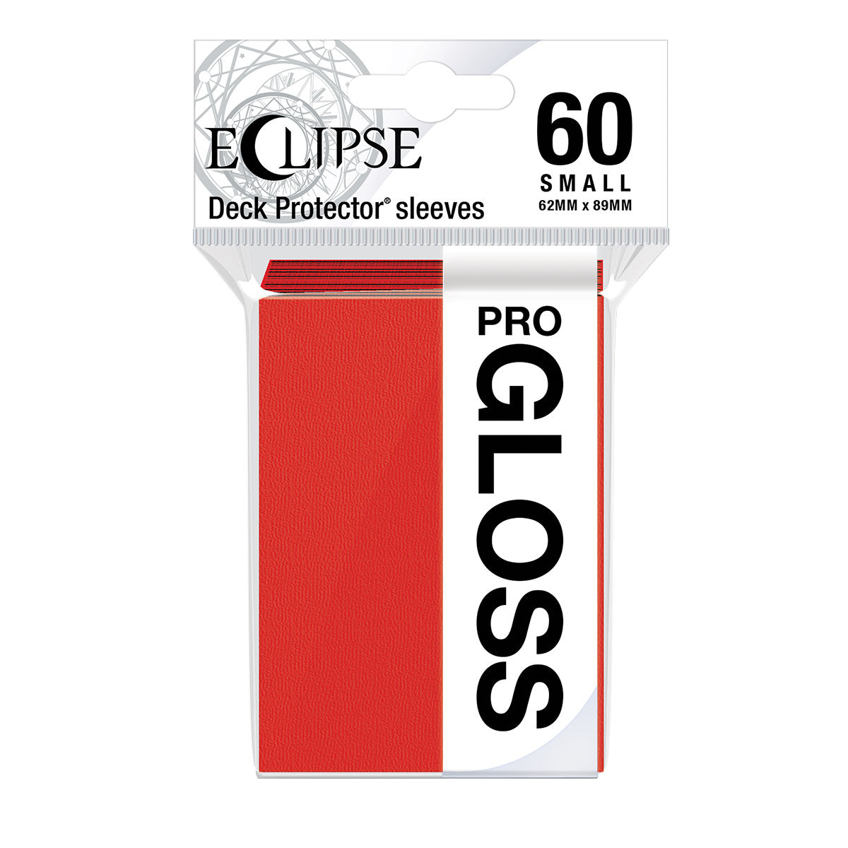 A Red Gloss Small Deck Protector Sleeves. Brand: Ultra PRO, Item: ECLIPSE® Gloss Small DECK PROTECTOR® Sleeves (60ct) - Apple Red