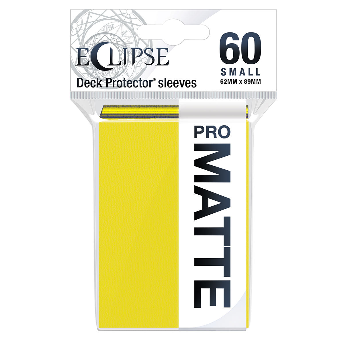 A Lemon Yellow Eclipse Matte Small Deck Protector Sleeves. Brand: Ultra PRO, Item: ECLIPSE® Matte Small DECK PROTECTOR® Sleeves (60ct) - Lemon Yellow.