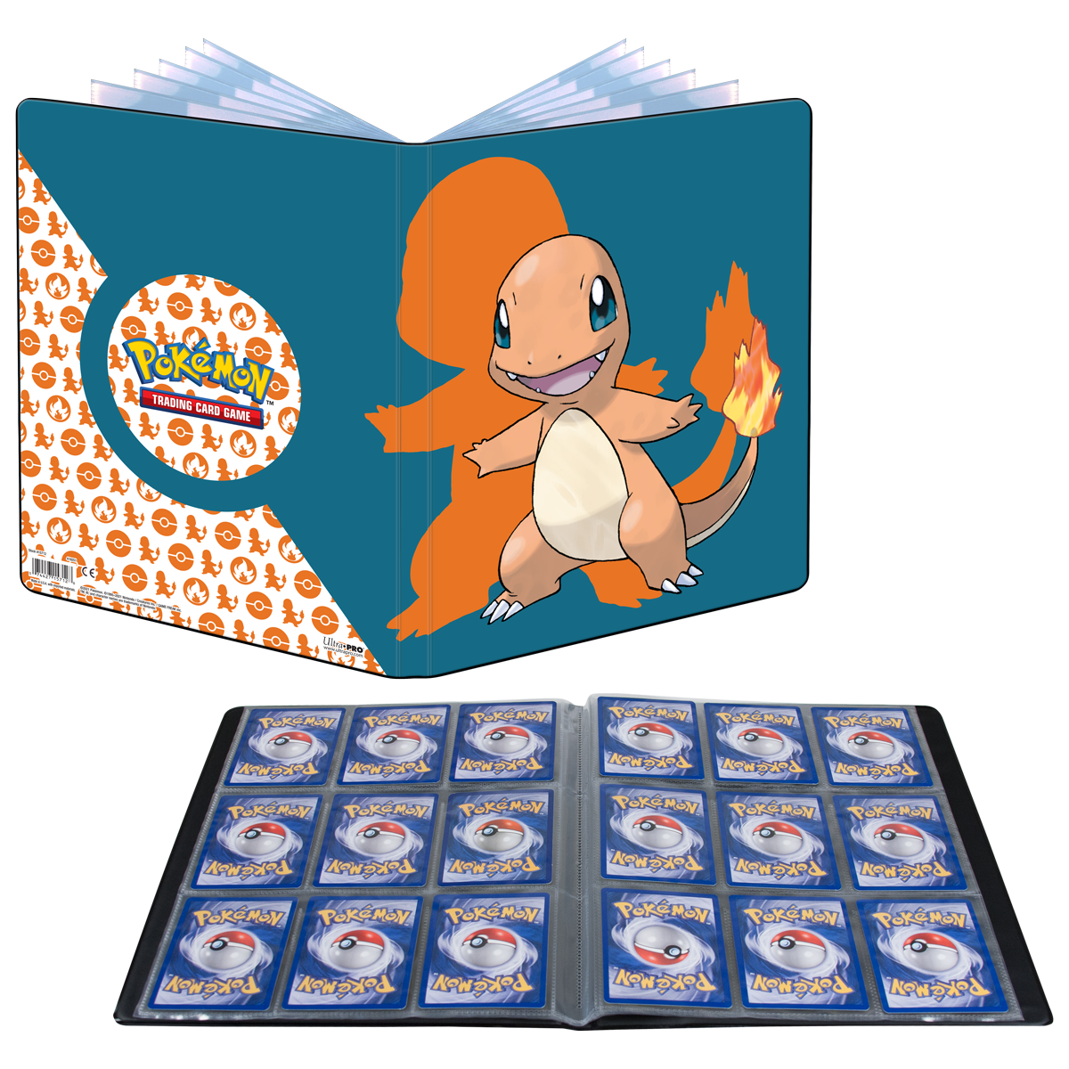 A blue Charmander 9-Pocket Portfolio for Pokemon Trading Cards. Brand: Ultra Pro, Item: Charmander 9-Pocket Portfolio.
