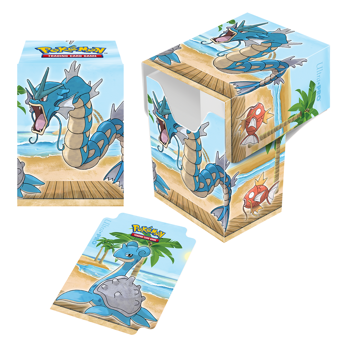 A colorful deck box featuring Gyarados and Magikarp on a beach scene. Brand: Ultra PRO, Item: Gallery Series Seaside Full-View DECK BOX® for Pokémon