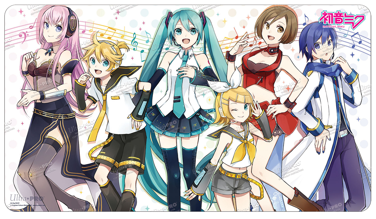 A vibrant and colorful gaming playmat featuring the popular Vocaloid characters Hatsune Miku, Kagamine Rin, Kagamine Len, Megurine Luka, and Kaito. Brand: Ultra PRO, Item: Digital Dreamland Heartwarming Harmony Standard Gaming Playmat Mousepad for Hatsune Miku.