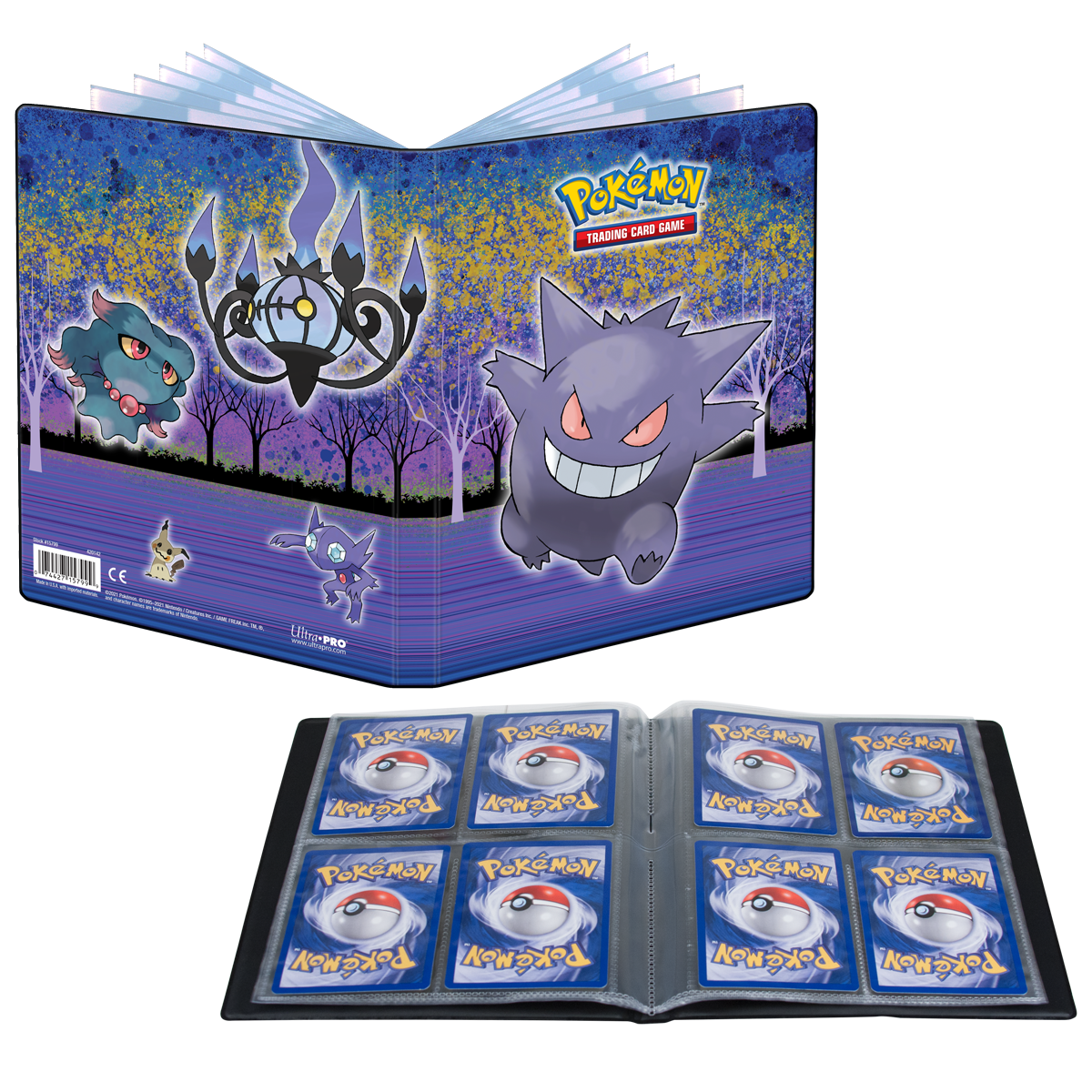 A blue and purple Gallery Series Haunted Hollow 4-Pocket Portfolio for Pokemon Trading Card Game. Brand: Ultra Pro.