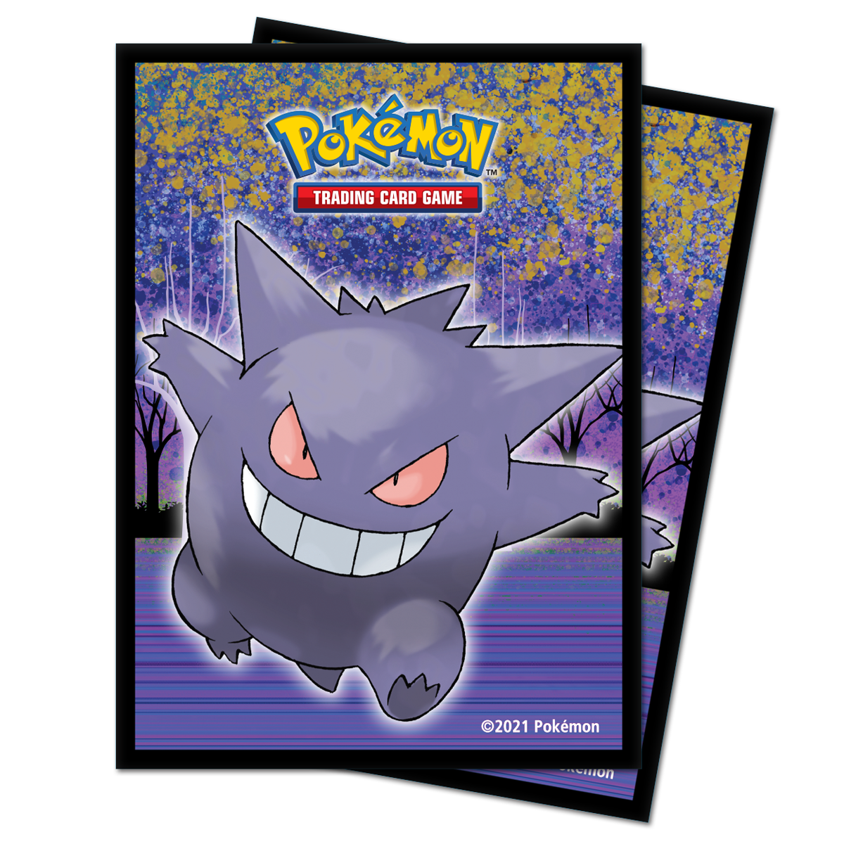 A purple Gengar Pokémon Trading Card Game deck protector sleeves by Ultra PRO.