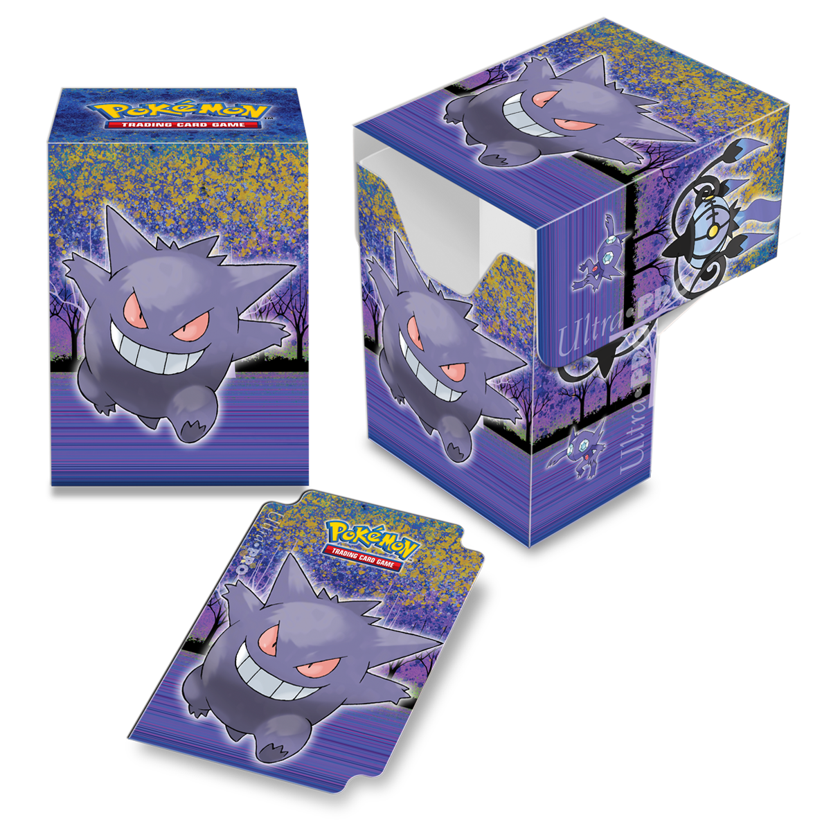 A purple and blue Gallery Series Haunted Hollow Full-View DECK BOX for Pokemon. Brand: Ultra PRO, Item: Gallery Series Haunted Hollow Full-View DECK BOX® for Pokémon