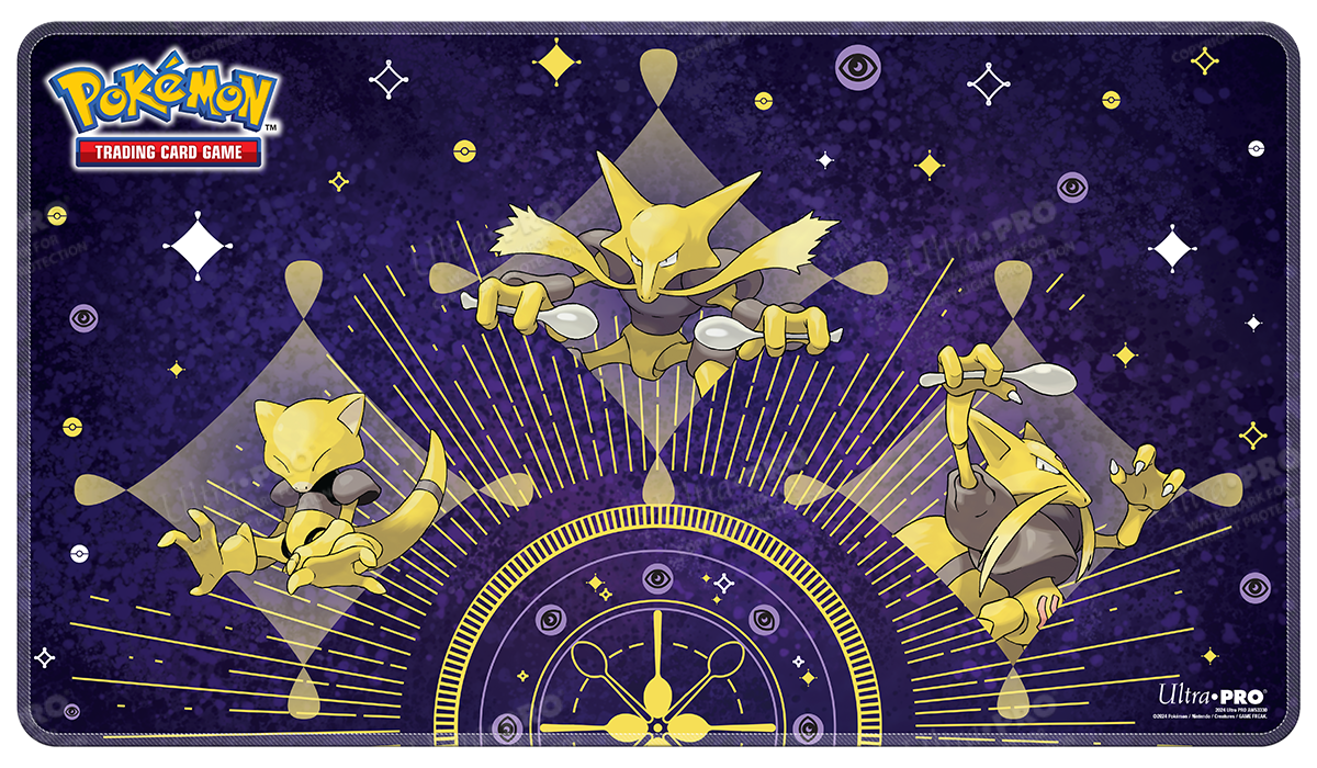 A purple and yellow Abra Evolutions Stitched Playmat. Brand: Ultra PRO, Item: Abra Evolutions Stitched Playmat for Pokémon.