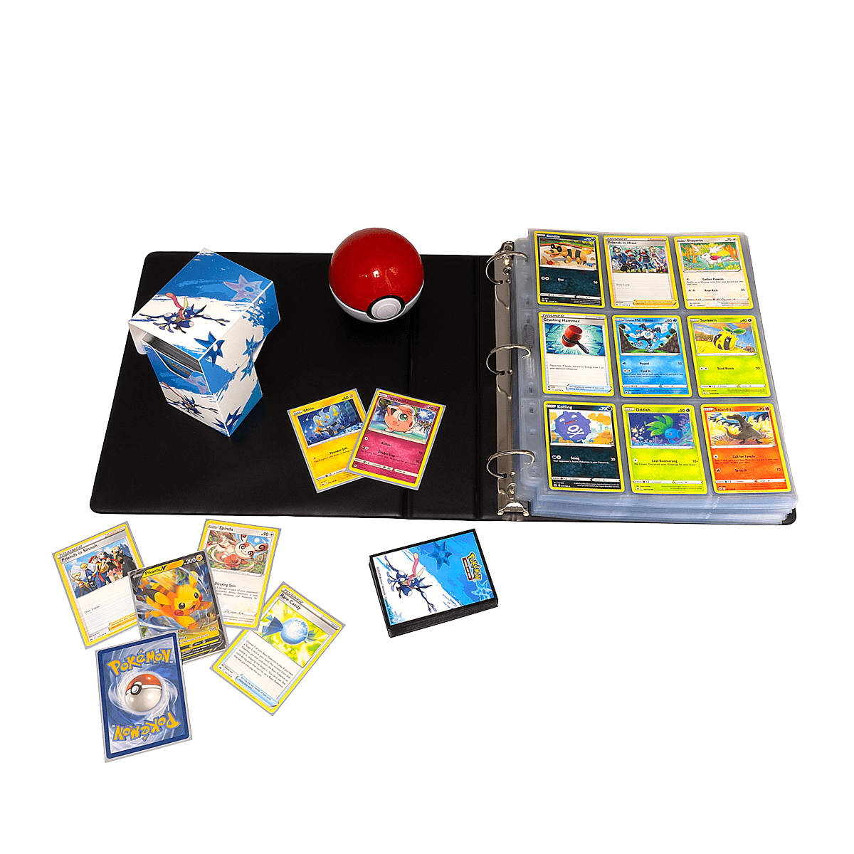 A black binder with Pokémon cards, a red and white Poké Ball, and a Greninja deck box. Brand: Unknown, Item: Greninja 2” Album for Pokémon