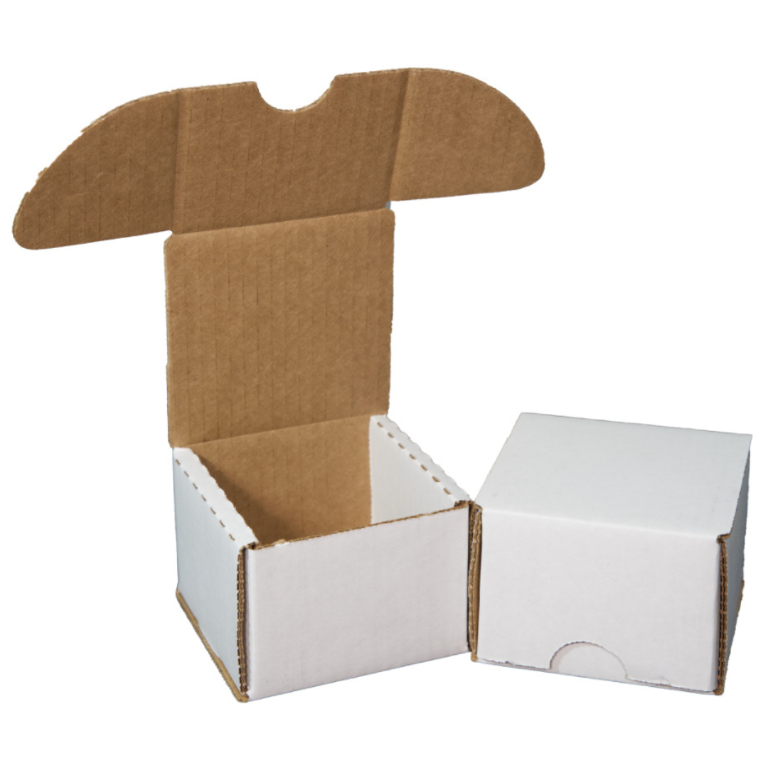 A white and brown corrugated 200 card count storage box. Brand: Ultra PRO, Item: 200 Card Count Corrugated Boxes - 10 Pack.
