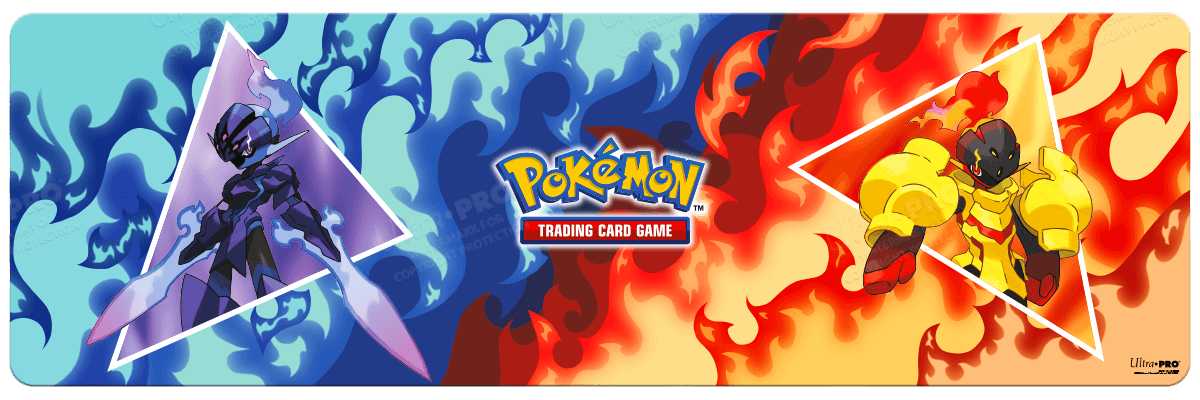 A blue and red flame-themed 8ft table playmat featuring Armarouge and Ceruledge from Pokémon. Brand: Ultra PRO, Item: Armarouge and Ceruledge 8ft Table Playmat for Pokémon.