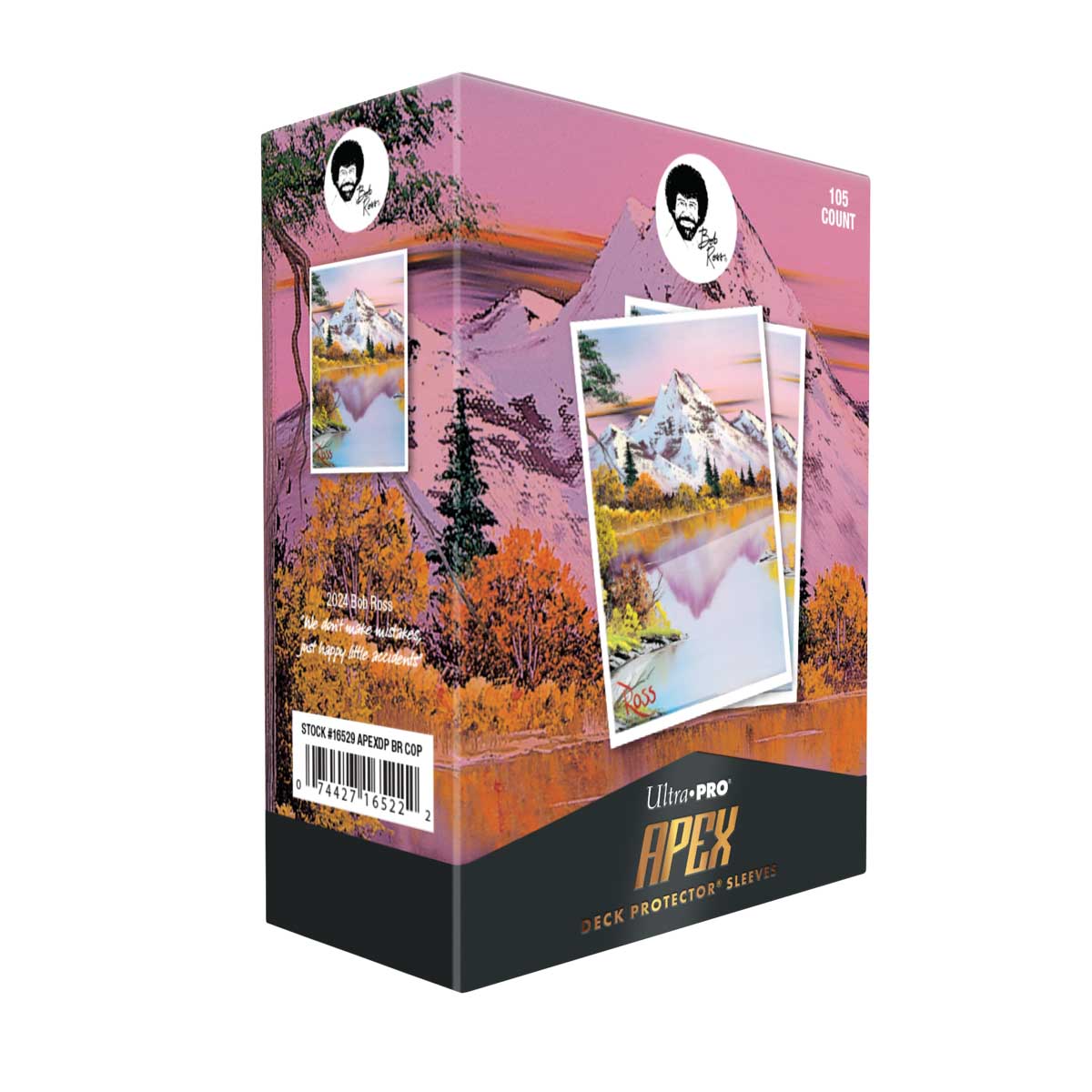 A Bob Ross Mighty Mountain Lake 105ct APEX DECK PROTECTOR® Sleeves. Brand: Ultra-Pro, Item: Bob Ross Mighty Mountain Lake 105ct APEX DECK PROTECTOR® Sleeves