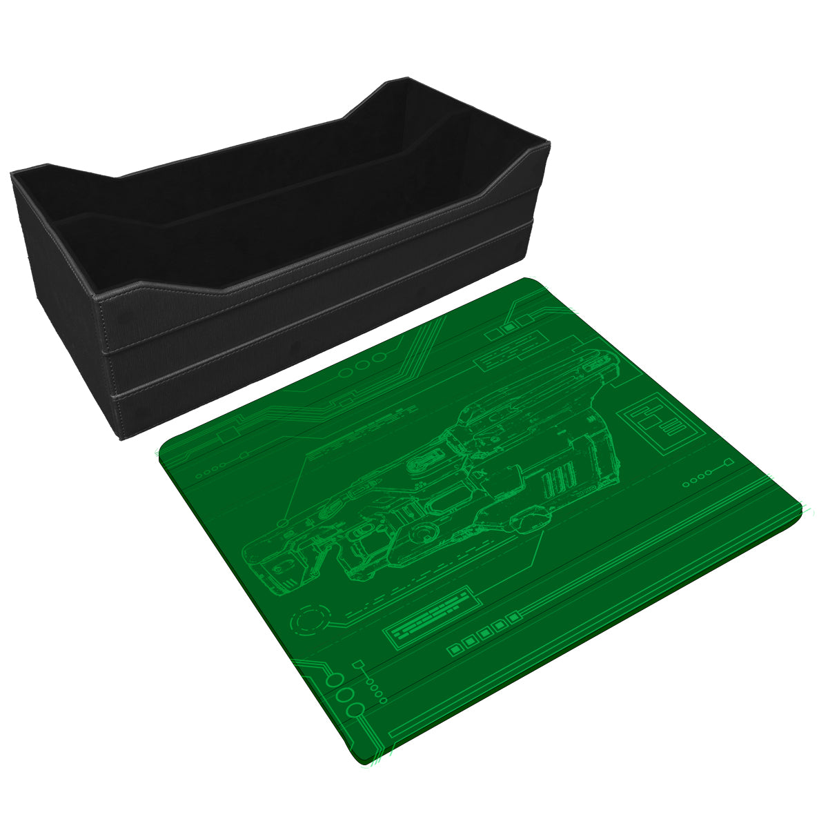 A black DOOM ETERNAL BFG Dropship Storage Box with a green playmat featuring a blueprint of the BFG.