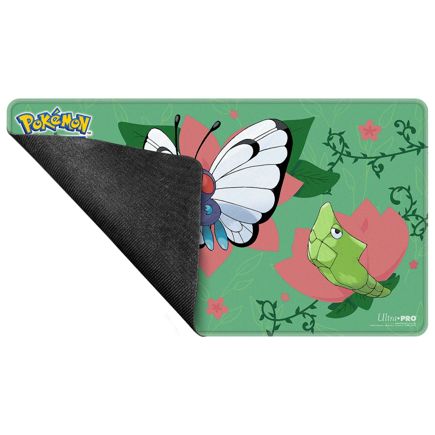 A green Stitched Playmat featuring Butterfree and Caterpie from Pokémon. Brand: Ultra Pro, Item: Caterpie Evolutions Stitched Playmat for the Pokémon Trading Card Game.