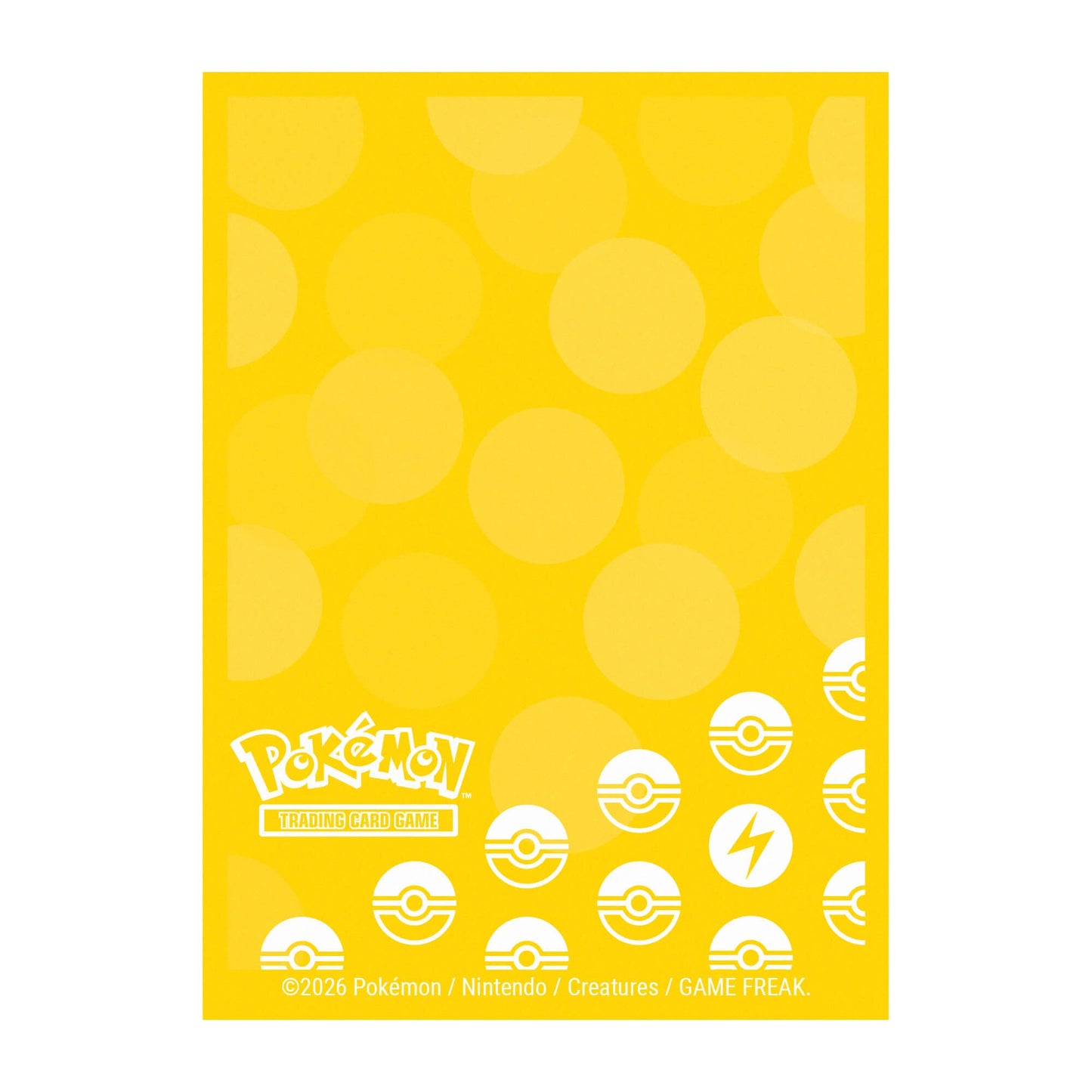 A yellow background with white polka dots and Pokémon Trading Card Game logo. Features white Poké Ball icons and a lightning bolt icon. Includes copyright information for 2026 Pokémon / Nintendo / Creatures / GAME FREAK.