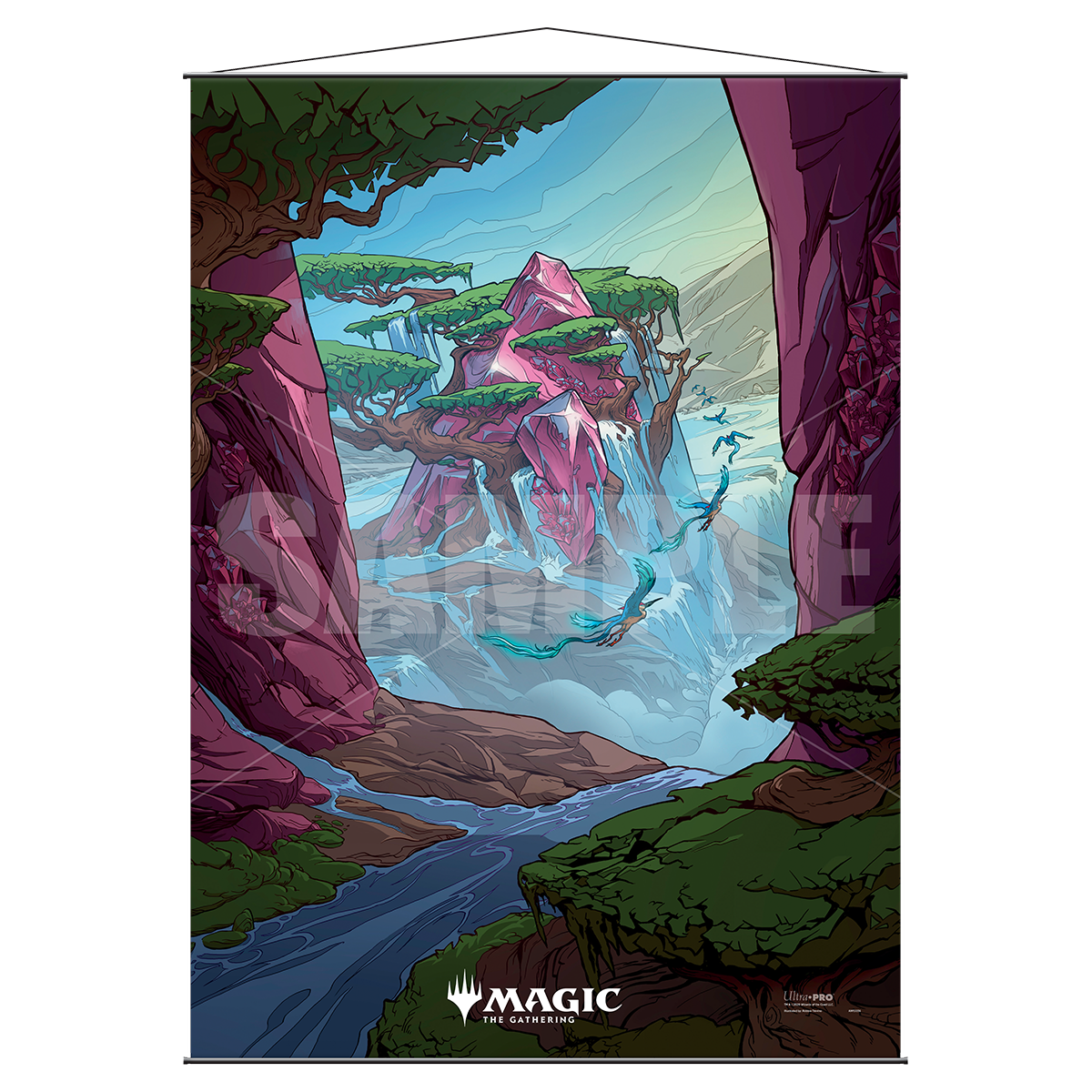 A vibrant wall scroll featuring the Ketria Triome landscape from Magic: The Gathering's Ikoria: Lair of Behemoths set. Brand: Ultra PRO, Item: Ikoria: Lair of Behemoths Ketria Triome Wall Scroll