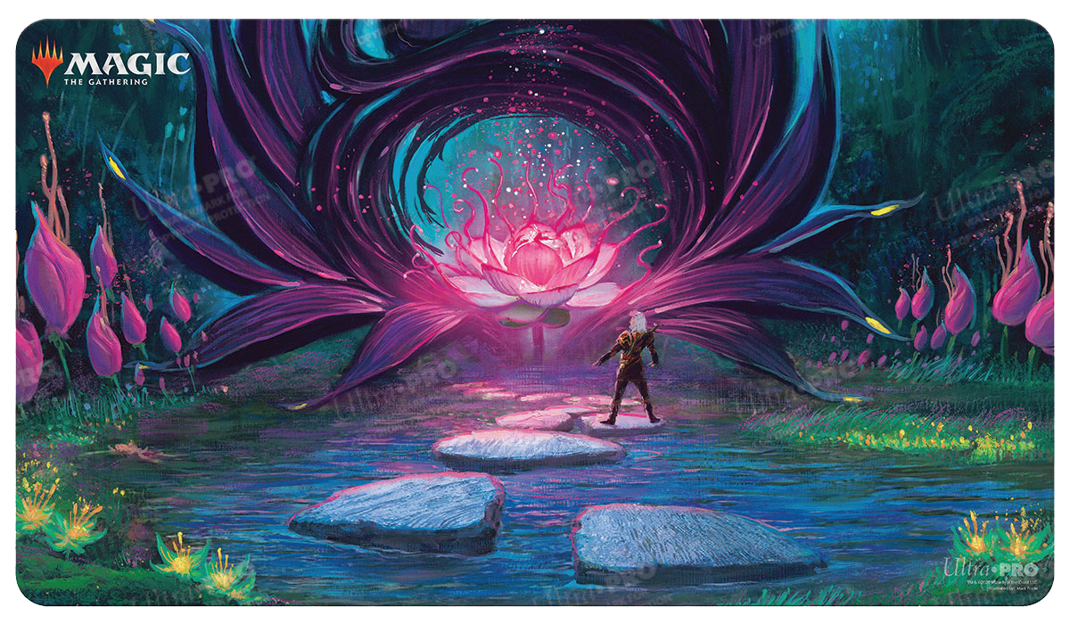 A vibrant, fantasy-themed gaming playmat featuring a glowing lotus flower portal, a figure crossing stepping stones, and the Magic: The Gathering logo. Brand: Ultra PRO, Item: Double Masters Exploration Standard Gaming Playmat for Magic: The Gathering.
