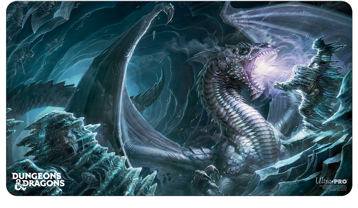 A Dungeons & Dragons themed gaming playmat featuring a white dragon breathing ice on a frozen warrior. Brand: Ultra PRO, Item: Cover Series Hoard of the Dragon Queen Standard Gaming Playmat