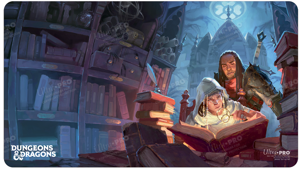 A Dungeons & Dragons Cover Series Candlekeep Mysteries Standard Gaming Playmat by Ultra PRO. Features two characters studying in a dimly lit library filled with books.