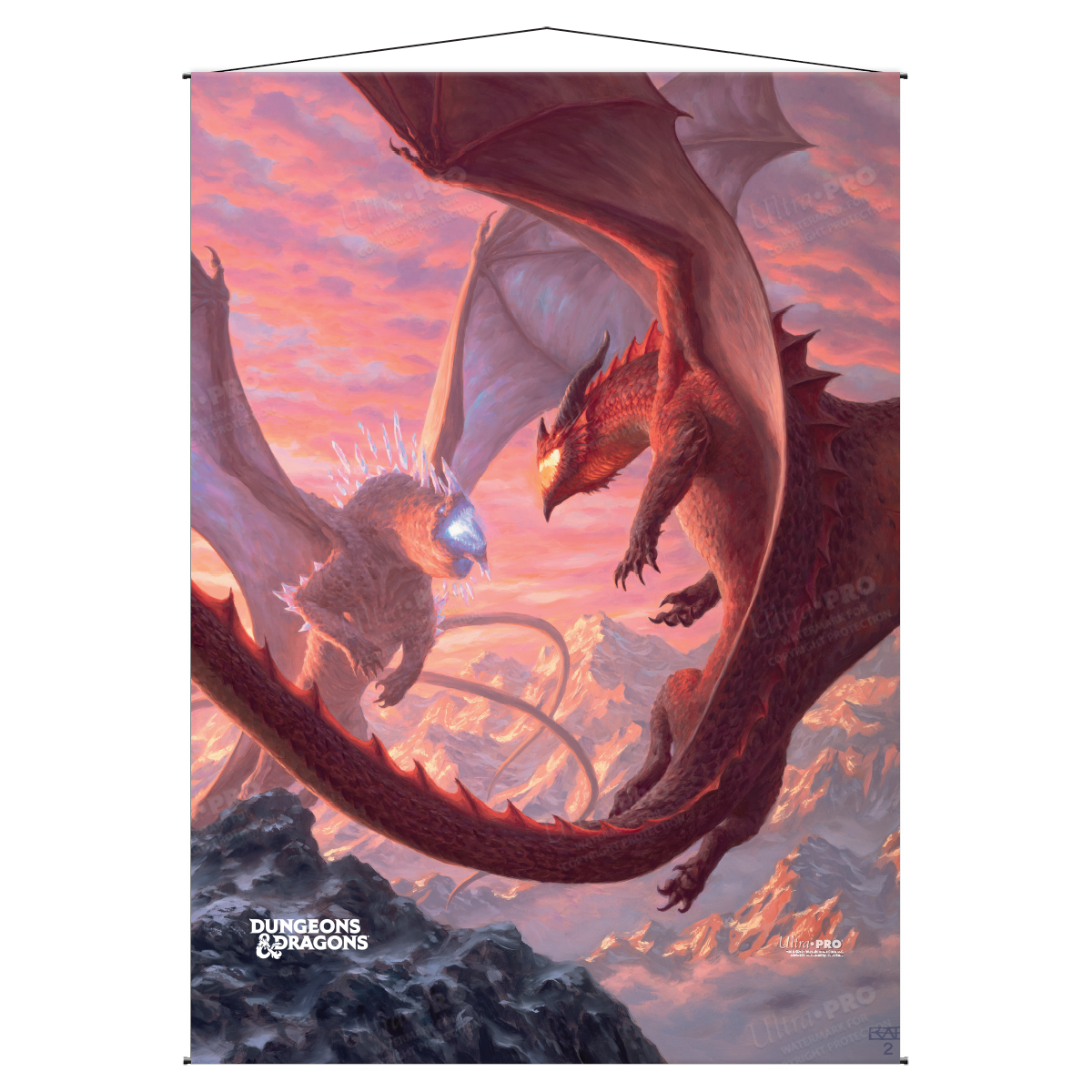 A Dungeons & Dragons Cover Series Fizban's Treasury of Dragons Wall Scroll by Ultra PRO. Features two dragons battling in a mountain landscape at sunset.