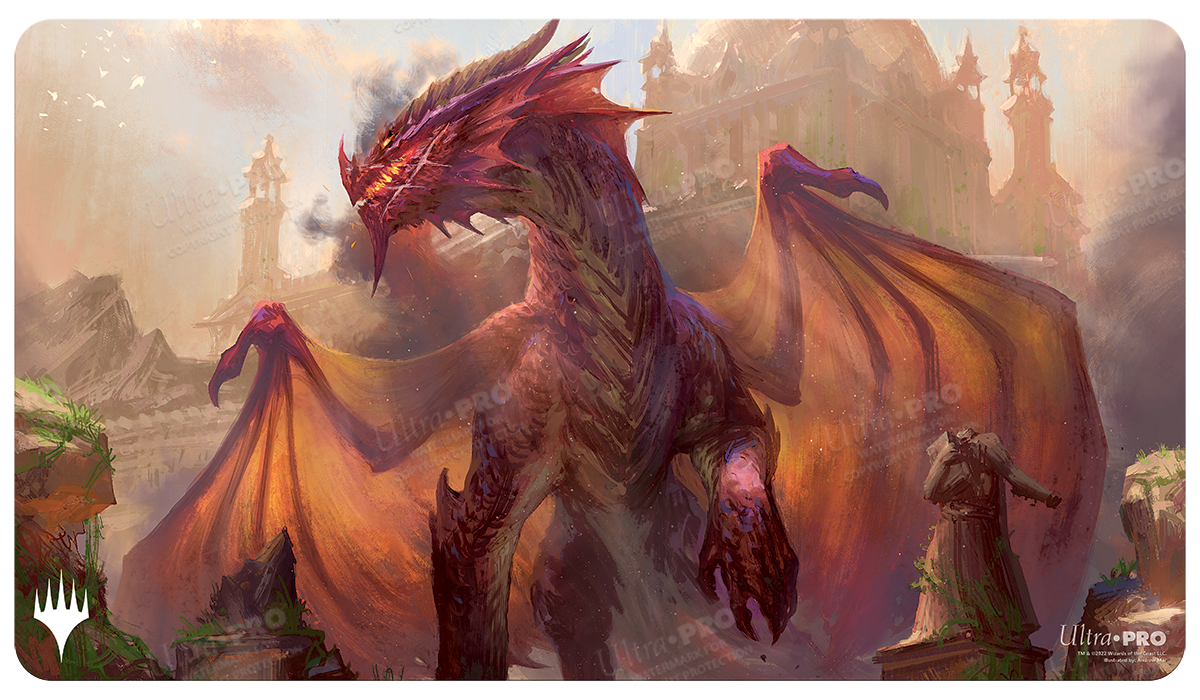 A red dragon standing in front of ancient ruins, with large wings spread. Brand: Ultra PRO, Item: Commander Legends: Battle for Baldur's Gate Firkraag, Cunning Instigator Standard Gaming Playmat.