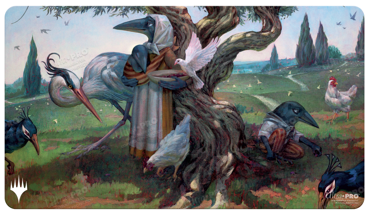 A Magic: The Gathering Kindred Discovery Standard Gaming Playmat by Ultra PRO, featuring anthropomorphic birds and chickens in a pastoral landscape.