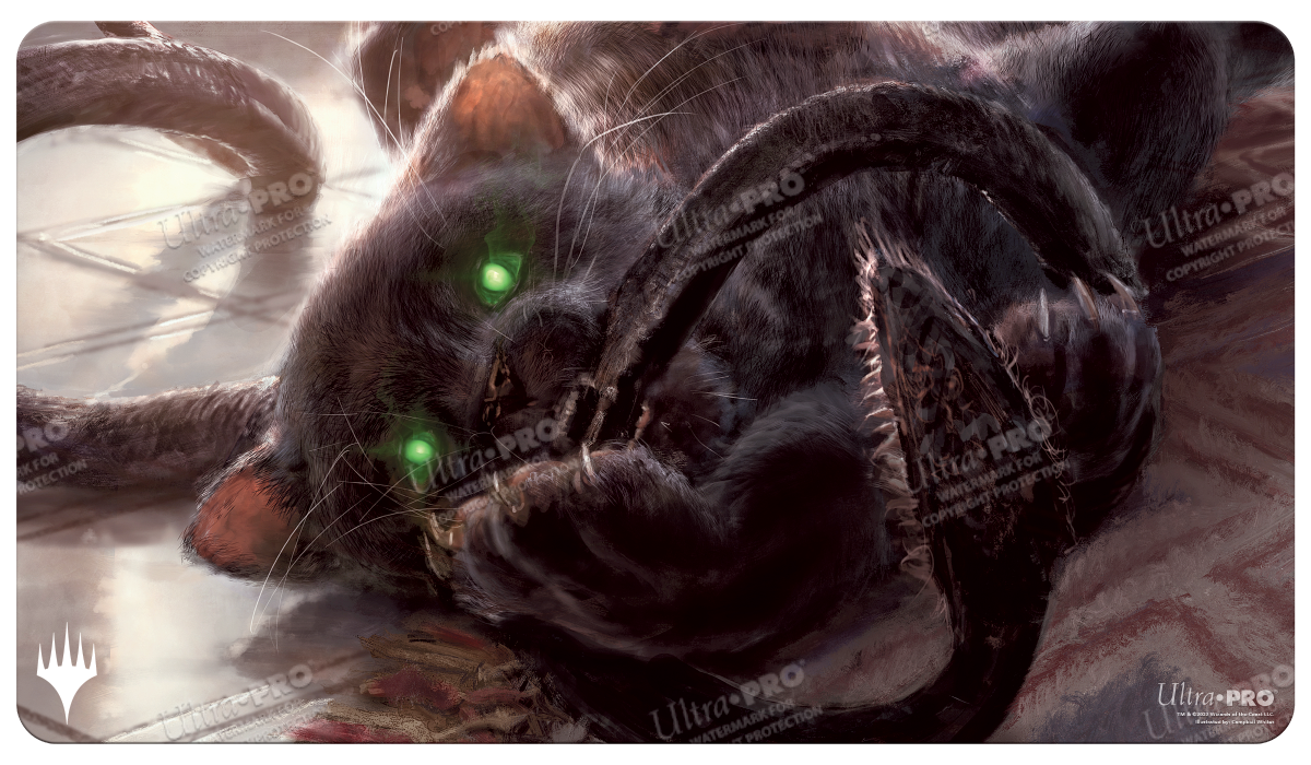 A black cat with glowing green eyes, a Displacer Kitten, on a Magic: The Gathering playmat. Brand: Ultra PRO, Item: Commander Legends: Battle for Baldur's Gate Displacer Kitten Standard Gaming Playmat.