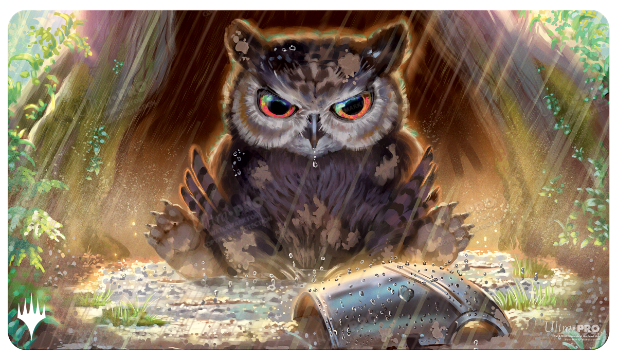 A detailed illustration of an owlbear cub sitting in the rain with a metal cup in front of it. Brand: Ultra PRO, Item: Commander Legends: Battle for Baldur's Gate Owlbear Cub Standard Gaming Playmat for Magic: The Gathering