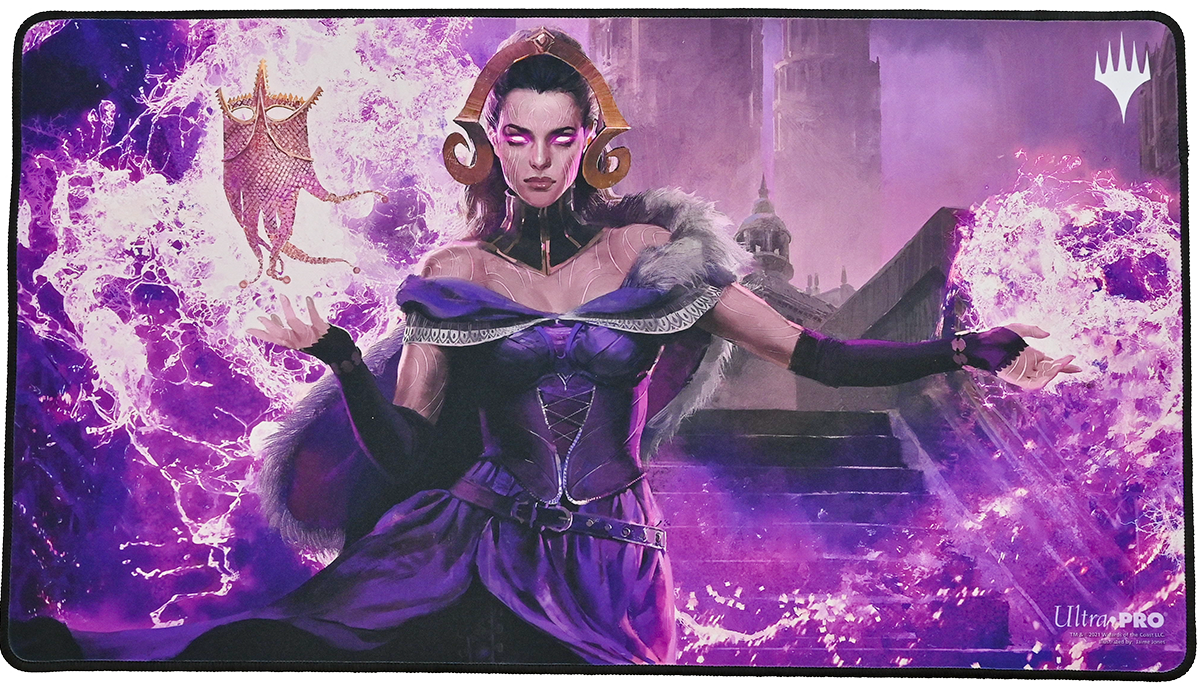 A purple and pink Magic: The Gathering playmat featuring Liliana, the Last Hope. Brand: Ultra PRO, Item: Double Masters Liliana, the Last Hope Stitched Standard Gaming Playmat for Magic: The Gathering