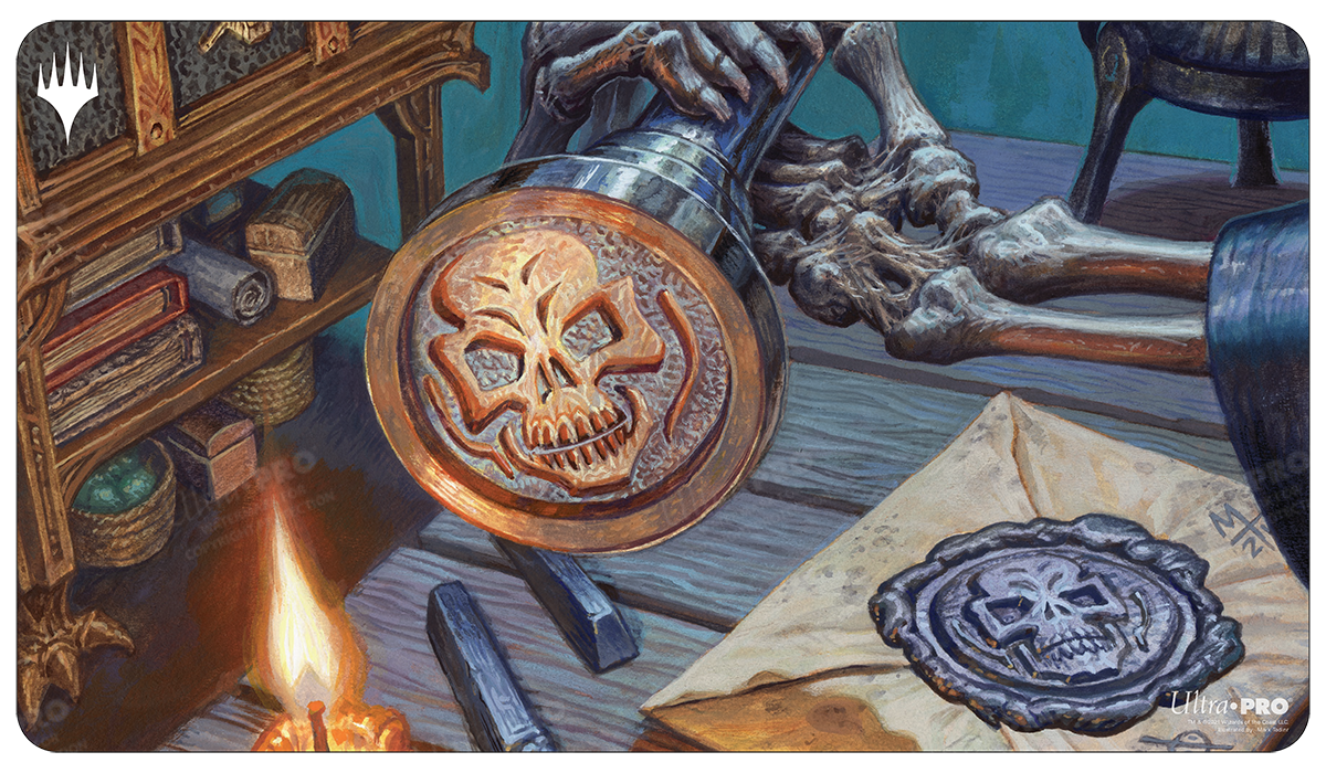 A detailed illustration of a skeleton's hands holding a large, ornate seal with a skull design, placed on a wooden desk next to a sealed envelope with a similar skull wax seal. The scene includes a lit candle, books on a shelf, and the Ultra PRO logo. Brand: Ultra PRO, Item: Double Masters Imperial Seal Standard Gaming Playmat for Magic: The Gathering.