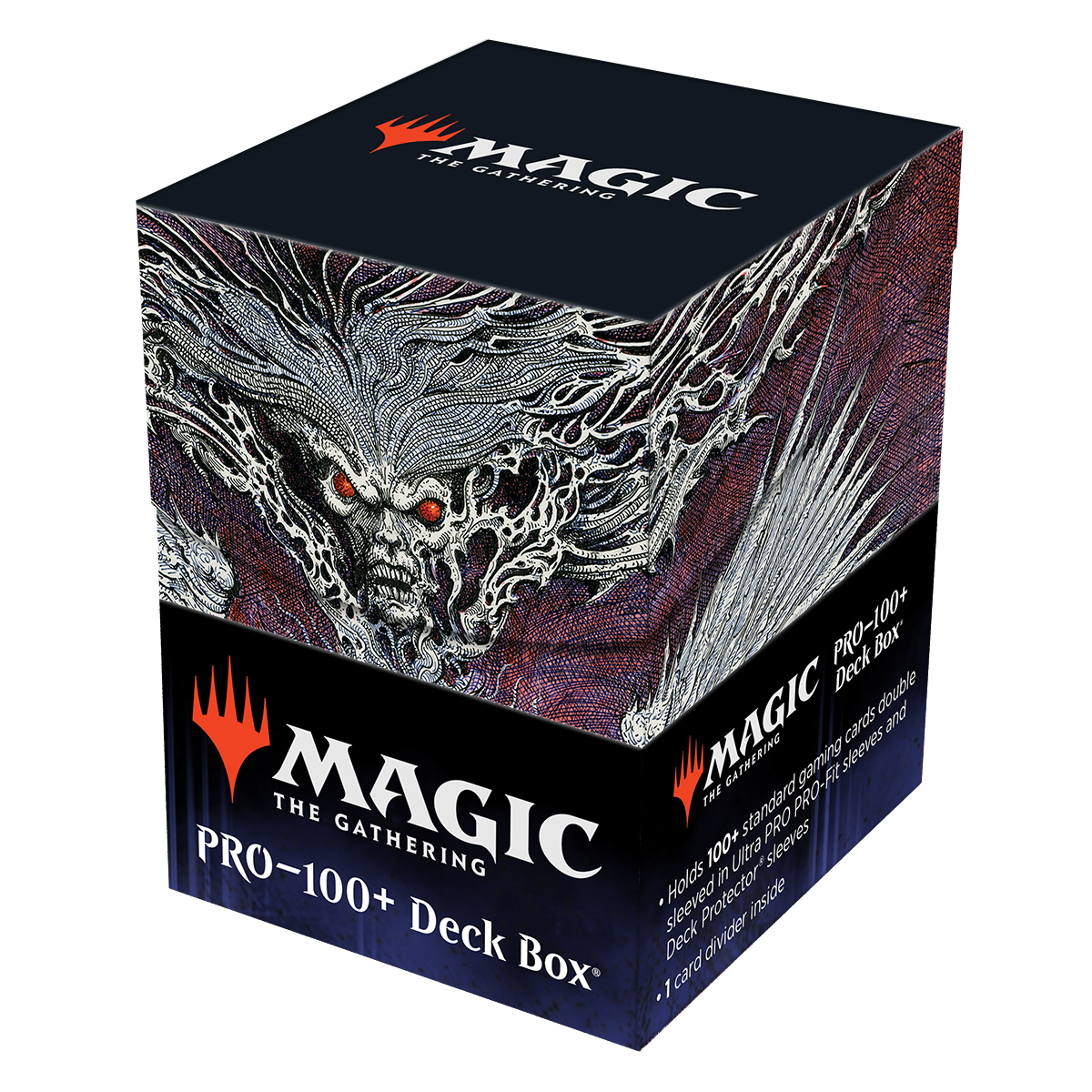 A black and purple Magic: The Gathering PRO-100+ Deck Box featuring artwork from the Double Masters Damnation set. Brand: Ultra PRO, Item: Double Masters Damnation 100+ DECK BOX® for Magic: The Gathering