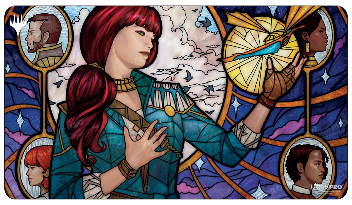 A stained glass style Standard Gaming Playmat featuring Jhoira, Ageless Innovator from Magic: The Gathering. Brand: Ultra PRO, Item: Dominaria United Jhoira, Ageless Innovator Standard Gaming Playmat.