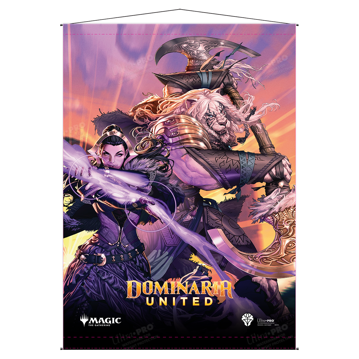 A Dominaria United Ajani and Liliana Wall Scroll for Magic: The Gathering. Brand: Ultra PRO, Item: Dominaria United Ajani and Liliana Wall Scroll.