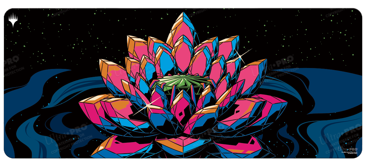A vibrant, geometric Jeweled Lotus playmat for Magic: The Gathering. Brand: Ultra PRO, Item: Commander Masters Jeweled Lotus 6ft Table Playmat.