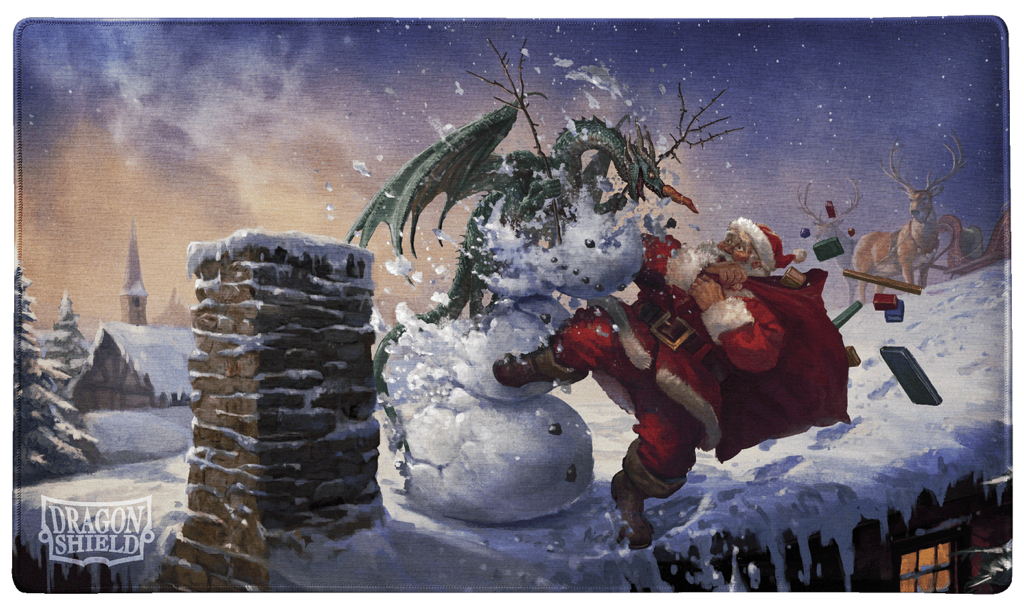 A festive TCG Playmat featuring Santa Claus fighting a dragon made of snow. Brand: Dragon Shield (Dev), Item: Christmas 2025 - TCG Playmat