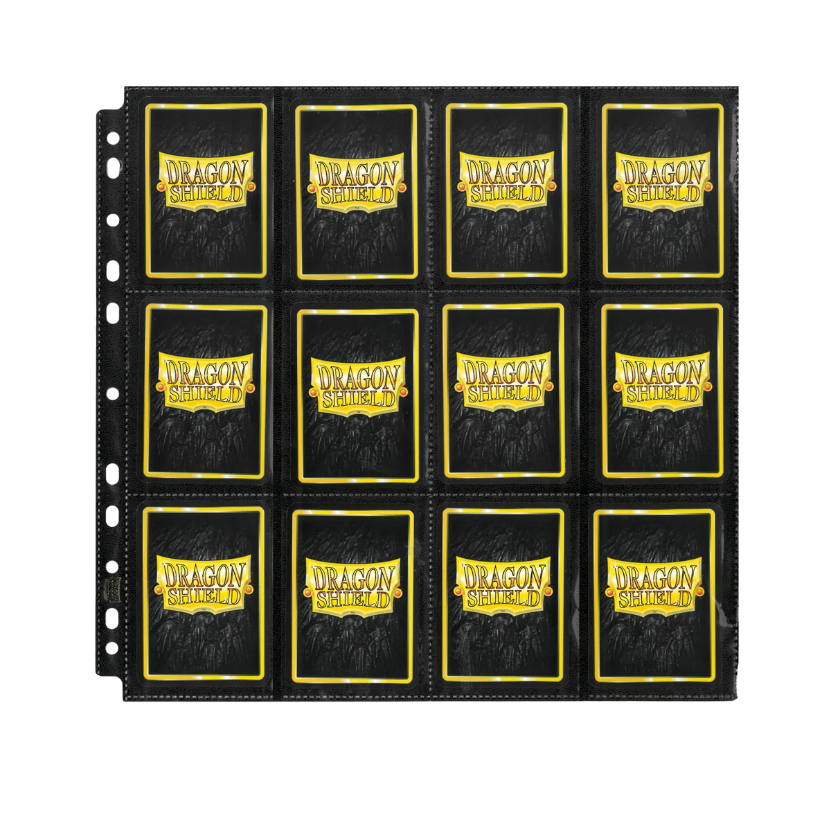 A black 24-pocket page protector for standard size trading cards. Brand: Dragon Shield, Item: 24 Pocket Pages - Regular - Standard Size.