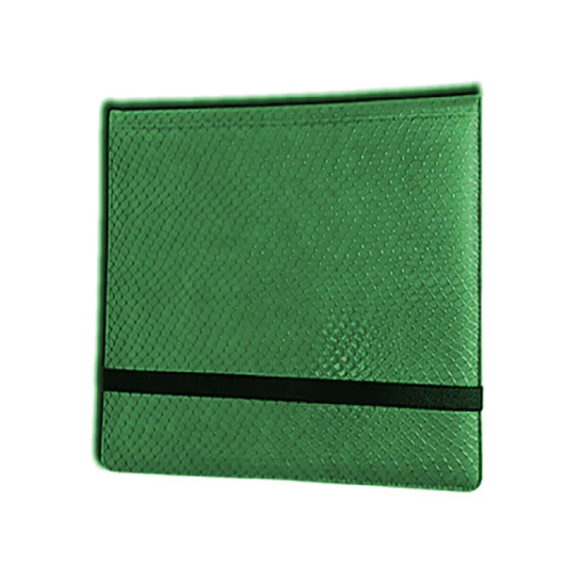 A green 12-pocket binder with dragon hide texture. Brand: Legion Supplies, Item: 3X4 12 Pocket Dragon Hide Green Binder.