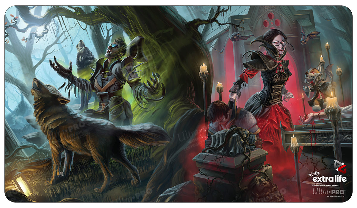 A dark fantasy Standard Gaming Playmat featuring vampires and werewolves. Brand: Ultra PRO, Item: Degenerate Gaming x Extra Life Standard Gaming Playmat