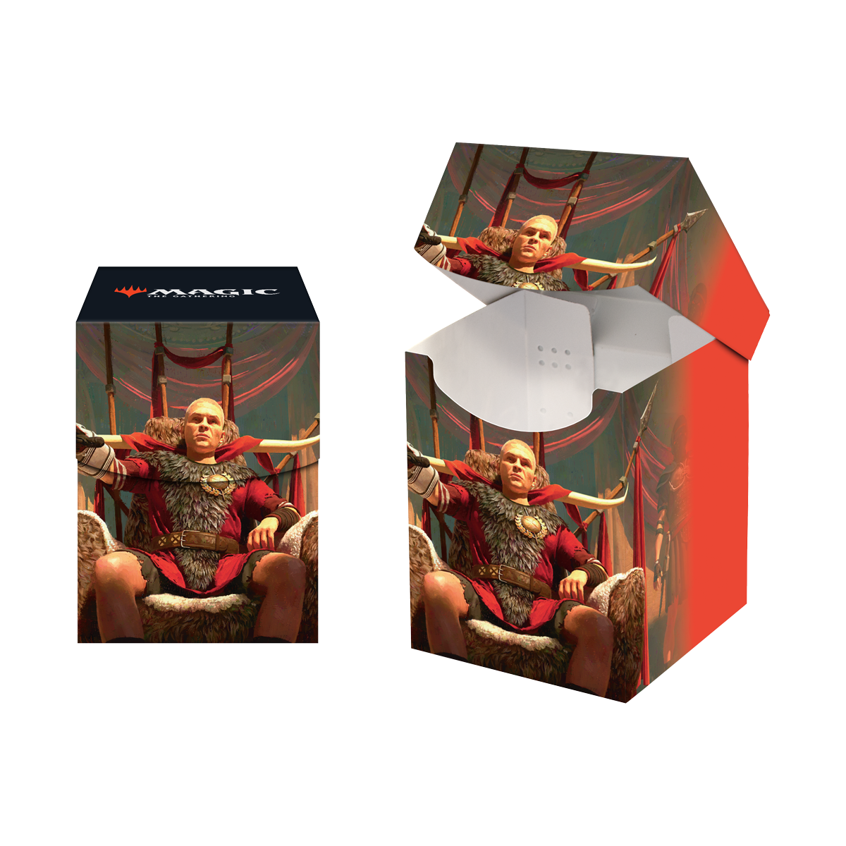 A red and black Magic: The Gathering deck box featuring Caesar, Legion's Emperor. Brand: Ultra PRO, Item: Fallout Caesar Legion's Emperor 100+ DECK BOX®