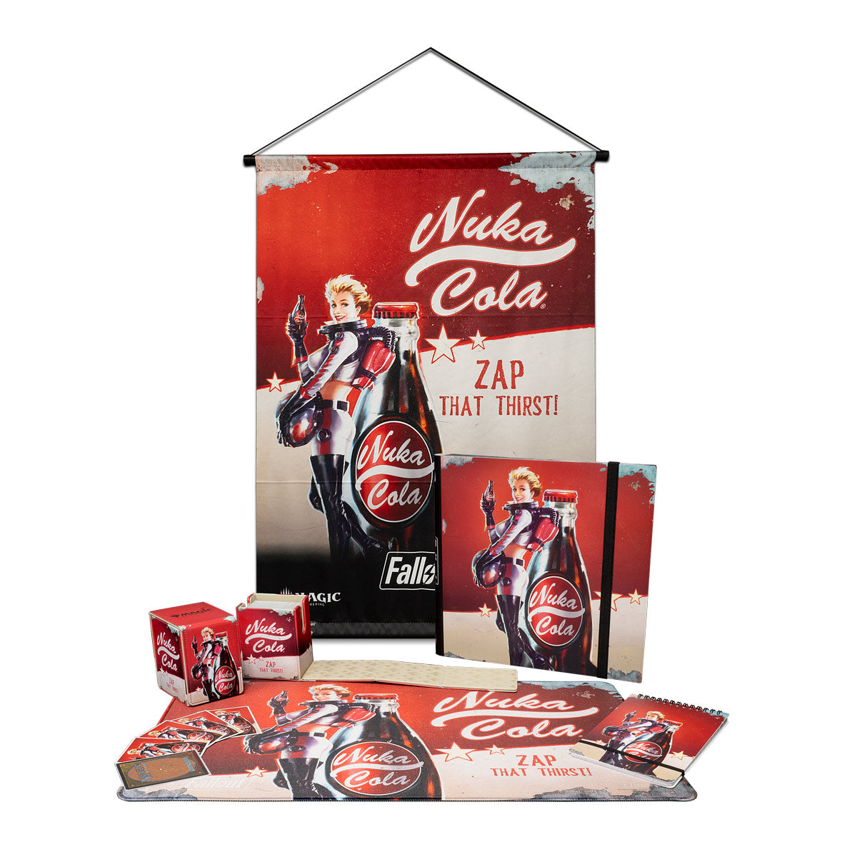 A red and white Fallout Nuka-Cola Pinup Wall Scroll for Magic: The Gathering. Brand: Magic: The Gathering, Item: Fallout Nuka-Cola Pinup Wall Scroll