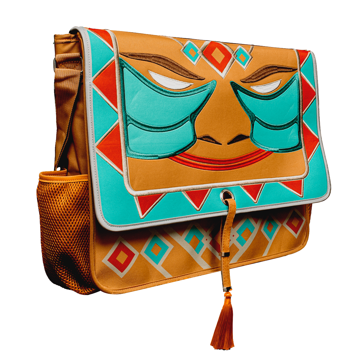 A tan messenger bag with a tribal mask design. Brand: Ultra PRO, Item: Bag of Holding Gamer Book Bag for Dungeons & Dragons