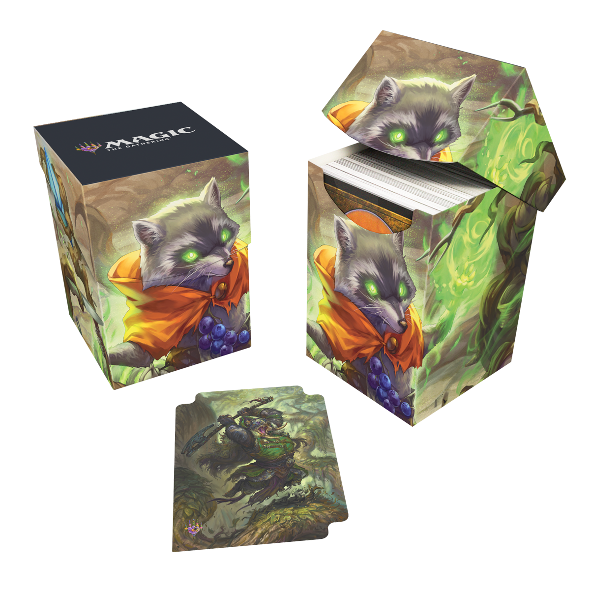 A colorful deck box featuring a raccoon character and the Magic: The Gathering logo. Brand: Ultra PRO, Item: Bloomburrow Bello, Bard of the Brambles 100+ DECK BOX® for Magic: The Gathering