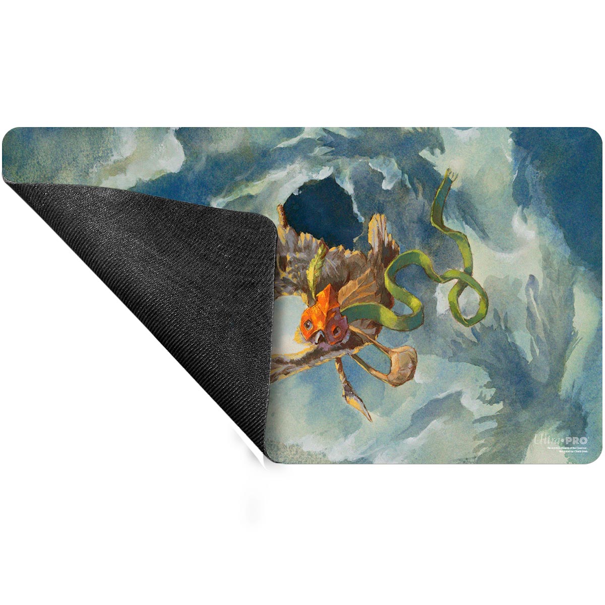 A colorful Magic: The Gathering playmat featuring Kastral, the Windcrested from Bloomburrow, with a black non-slip backing.