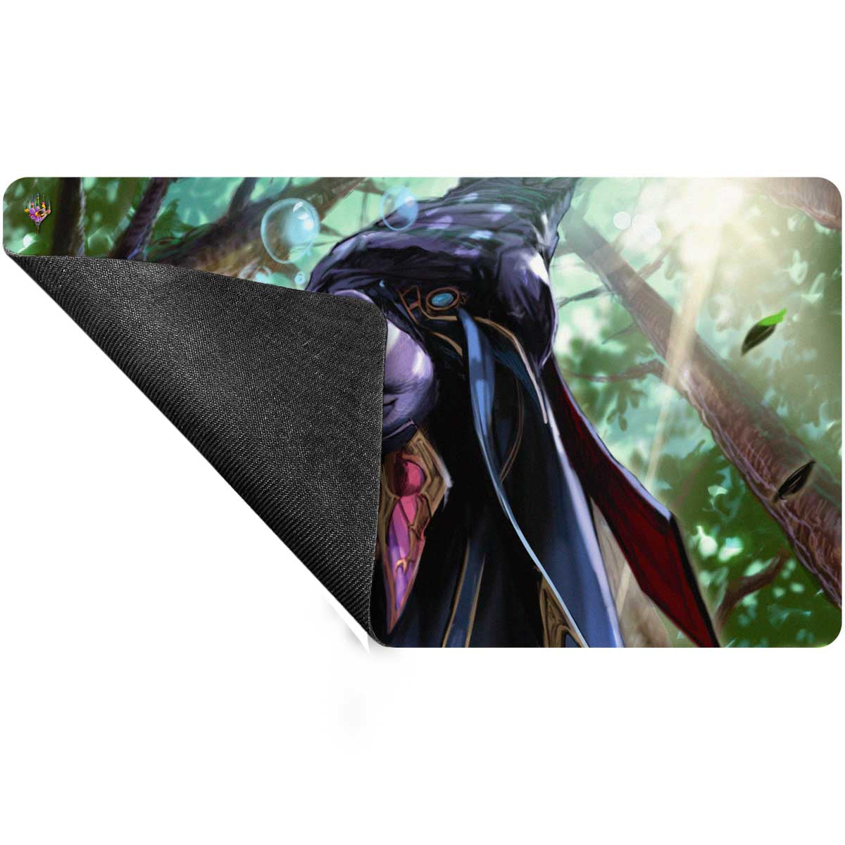 A fantasy art playmat featuring Zoraline, Cosmos Caller from Magic: The Gathering, set in a sun-dappled forest. The mat has a black non-slip backing.